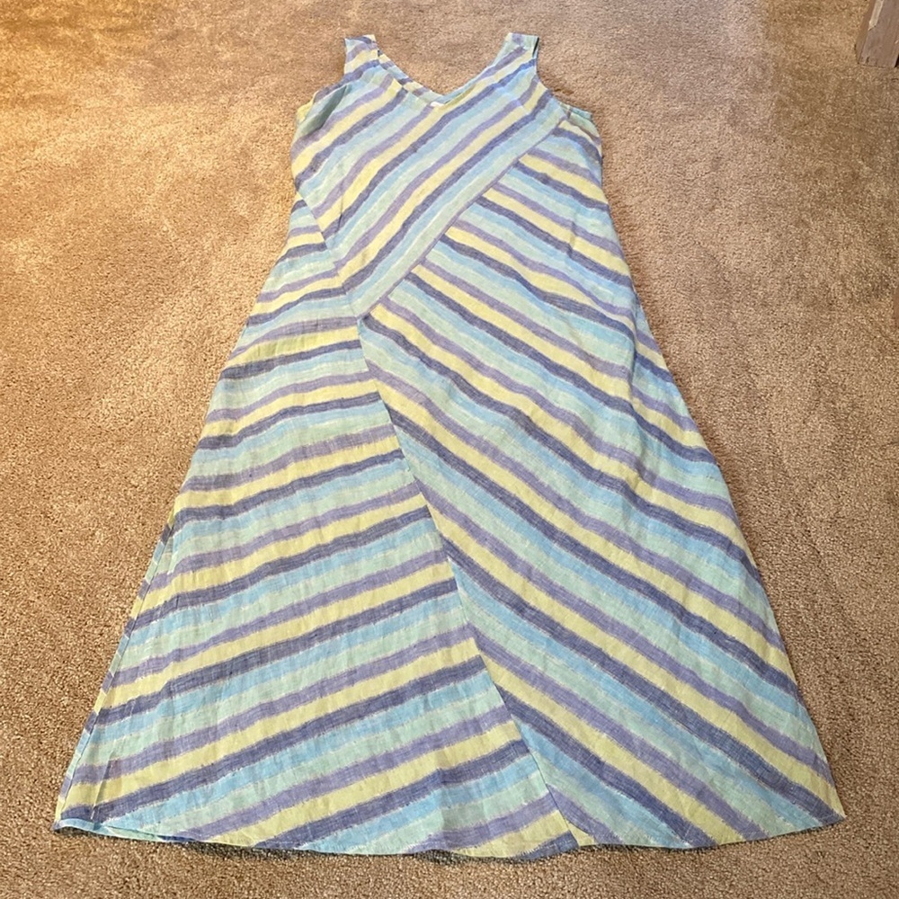 J Jill Linen Double V Sleeveless Bias Striped Grn Aqua Maxi Coastal Dress SMALL